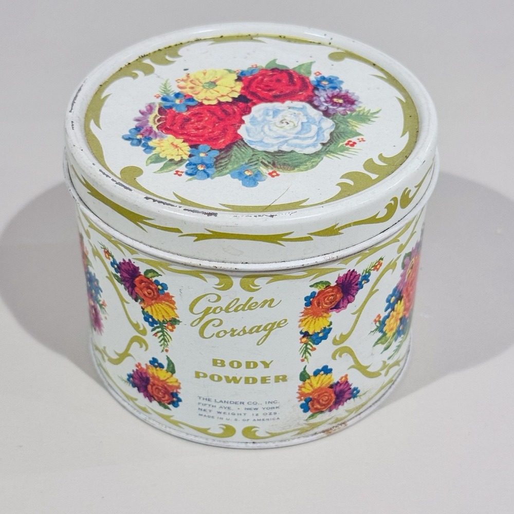 Vintage The Lander‎ Co 5th Avenue Golden Corsage Body Powder Tin W Contents